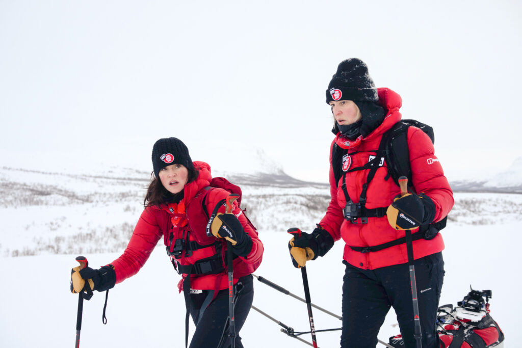 Vicky and Sara walking through the Arctic landscape.  (Photo by Brodie Hood/Comic Relief)